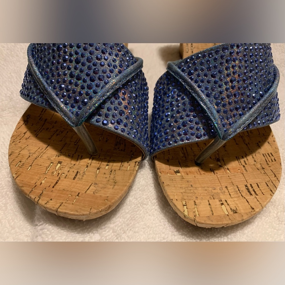 #S513 - White Mountain Blue Glitter & Cork Wrapped Thong Wedge Sandals SIZE 7.5M - Picture 3 of 16